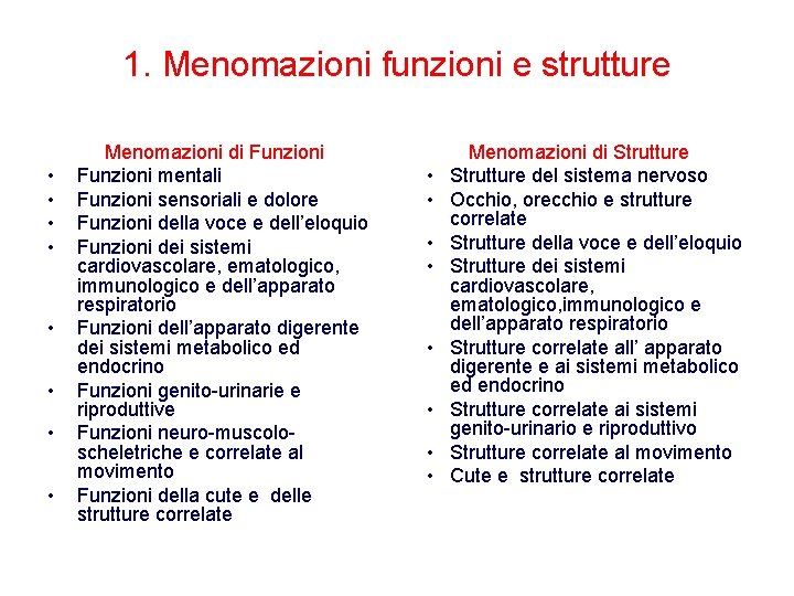 1. Menomazioni funzioni e strutture • • Menomazioni di Funzioni mentali Funzioni sensoriali e 1. Menomazioni funzioni e strutture • • Menomazioni di Funzioni mentali Funzioni sensoriali e