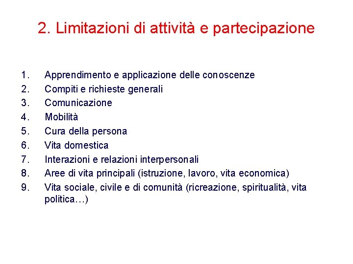 2. Limitazioni di attività e partecipazione 1. 2. 3. 4. 5. 6. 7. 8. 2. Limitazioni di attività e partecipazione 1. 2. 3. 4. 5. 6. 7. 8.