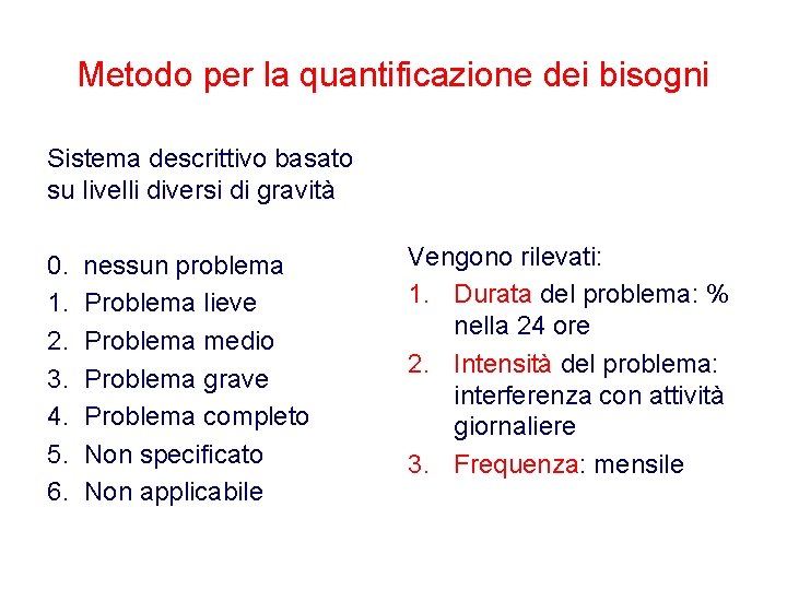 Metodo per la quantificazione dei bisogni Sistema descrittivo basato su livelli diversi di gravità Metodo per la quantificazione dei bisogni Sistema descrittivo basato su livelli diversi di gravità