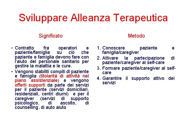 Sviluppare Alleanza Terapeutica Significato Metodo • Contratto fra operatori e paziente/famiglia su ciò che Sviluppare Alleanza Terapeutica Significato Metodo • Contratto fra operatori e paziente/famiglia su ciò che