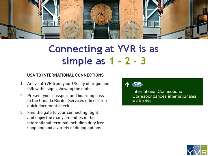 Connecting at YVR is as simple as 1 - 2 - 3 