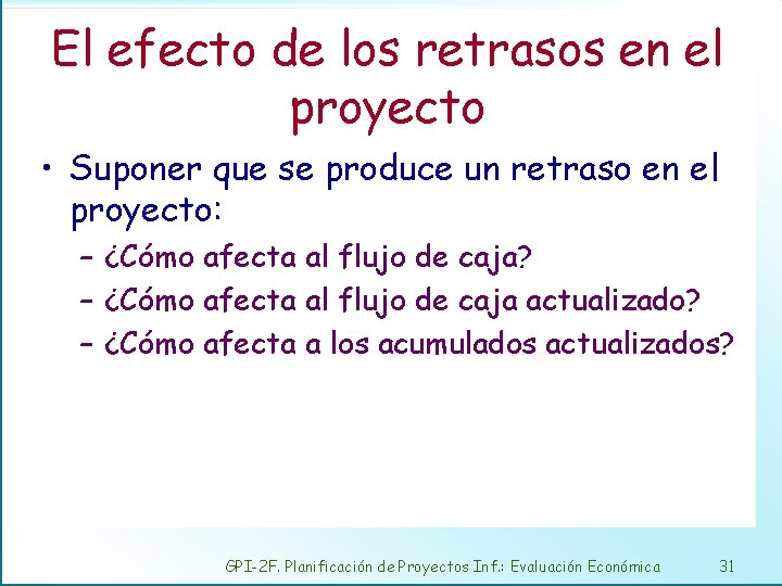 El efecto de los retrasos en el proyecto • Suponer que se produce un