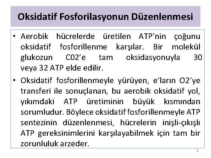 Oksidatif Fosforilasyonun Düzenlenmesi • Aerobik hücrelerde üretilen ATP’nin çoğunu oksidatif fosforillenme karşılar. Bir molekül