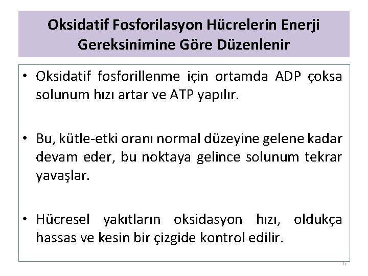 Oksidatif Fosforilasyon Hücrelerin Enerji Gereksinimine Göre Düzenlenir • Oksidatif fosforillenme için ortamda ADP çoksa