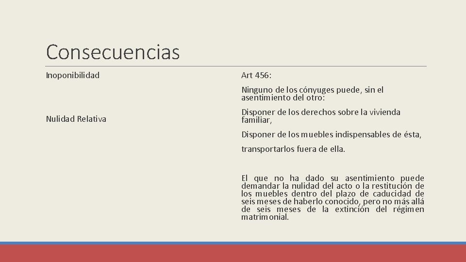Consecuencias Inoponibilidad Art 456: Ninguno de los cónyuges puede, sin el asentimiento del otro: Consecuencias Inoponibilidad Art 456: Ninguno de los cónyuges puede, sin el asentimiento del otro: