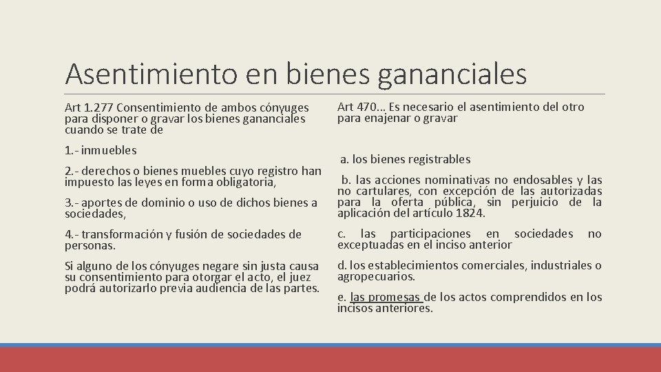 Asentimiento en bienes gananciales Art 1. 277 Consentimiento de ambos cónyuges para disponer o