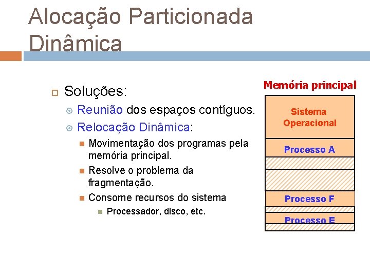 Alocação Particionada Dinâmica Soluções: Reunião dos espaços contíguos. Relocação Dinâmica: Movimentação dos programas pela