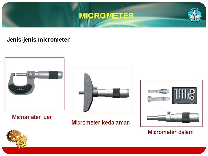 MICROMETER Jenis-jenis micrometer Micrometer luar Micrometer kedalaman Micrometer dalam 
