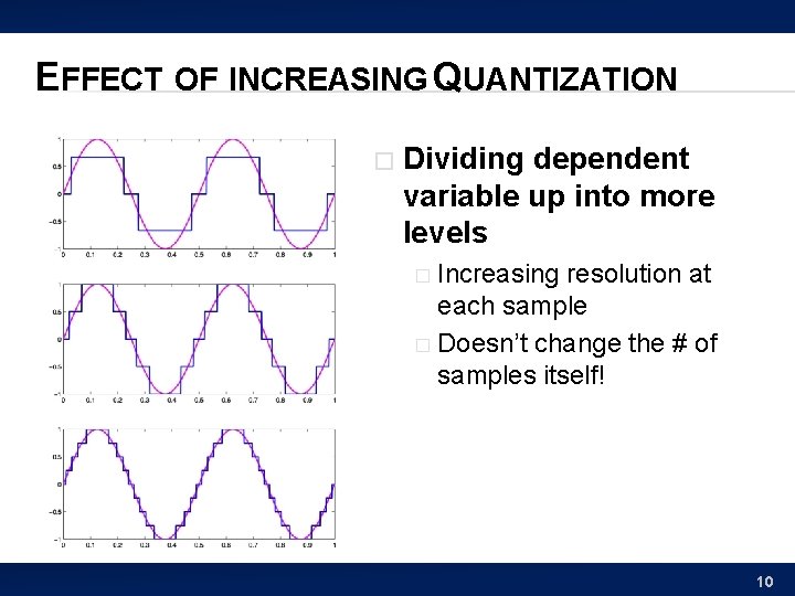 EFFECT OF INCREASING QUANTIZATION � Dividing dependent variable up into more levels Increasing resolution