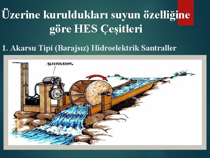 Üzerine kuruldukları suyun özelliğine göre HES Çeşitleri 1. Akarsu Tipi (Barajsız) Hidroelektrik Santraller 