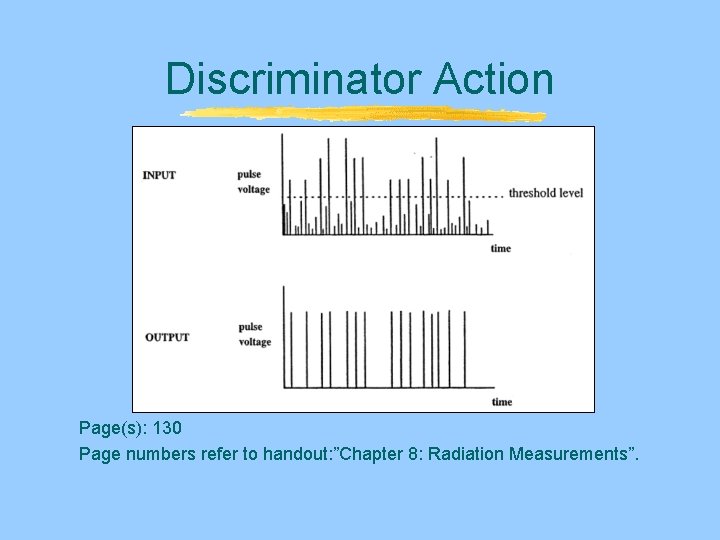 Discriminator Action Page(s): 130 Page numbers refer to handout: ”Chapter 8: Radiation Measurements”. Discriminator Action Page(s): 130 Page numbers refer to handout: ”Chapter 8: Radiation Measurements”.