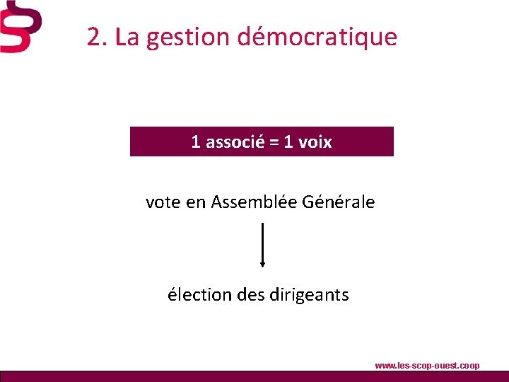 2. La gestion démocratique 1 associé = 1 voix vote en Assemblée Générale élection