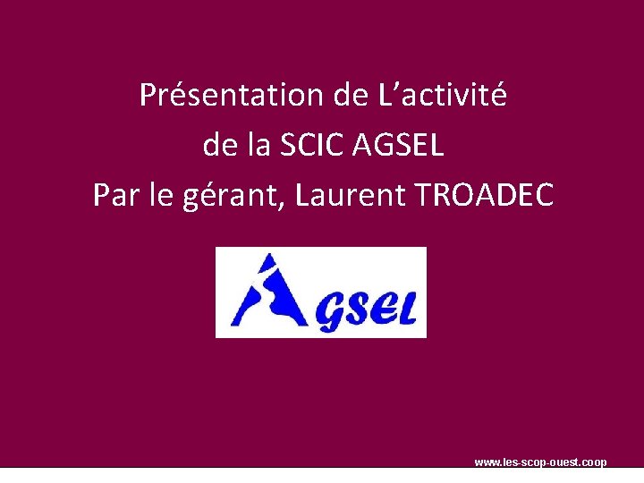 Présentation de L’activité de la SCIC AGSEL Par le gérant, Laurent TROADEC www. les-scop-ouest.