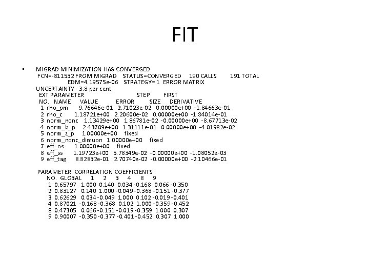 FIT • MIGRAD MINIMIZATION HAS CONVERGED. FCN=-811532 FROM MIGRAD STATUS=CONVERGED 190 CALLS 191 TOTAL