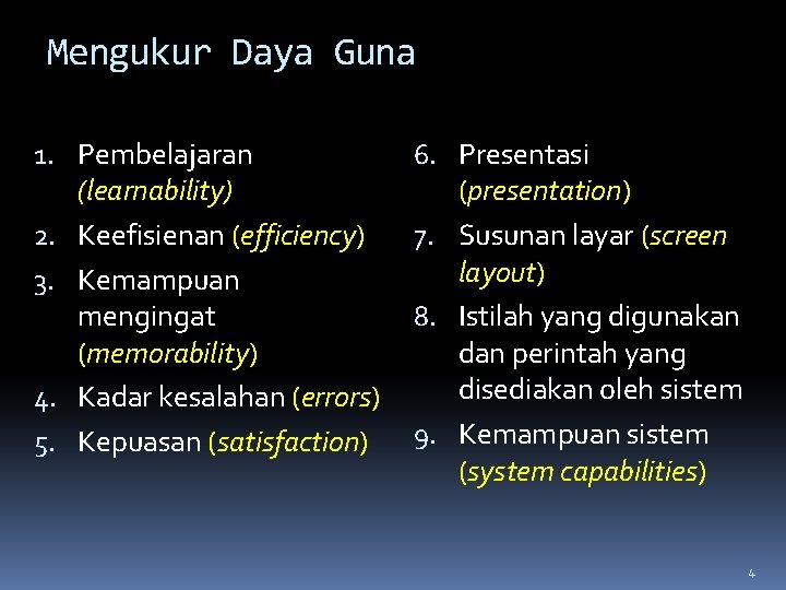 Mengukur Daya Guna 1. Pembelajaran (learnability) 2. Keefisienan (efficiency) 3. Kemampuan mengingat (memorability) 4.