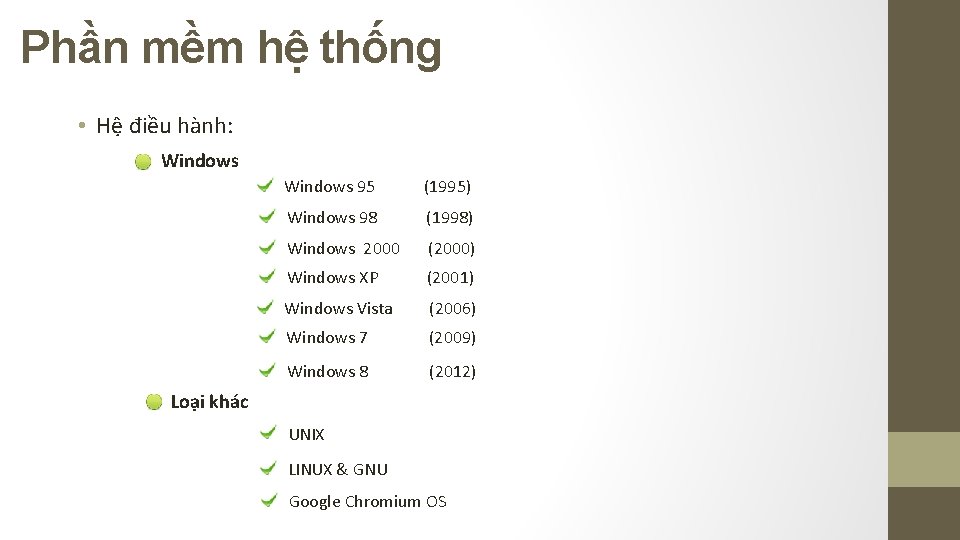 Phần mềm hệ thống • Hệ điều hành: Windows 95 (1995) Windows 98 (1998) Phần mềm hệ thống • Hệ điều hành: Windows 95 (1995) Windows 98 (1998)
