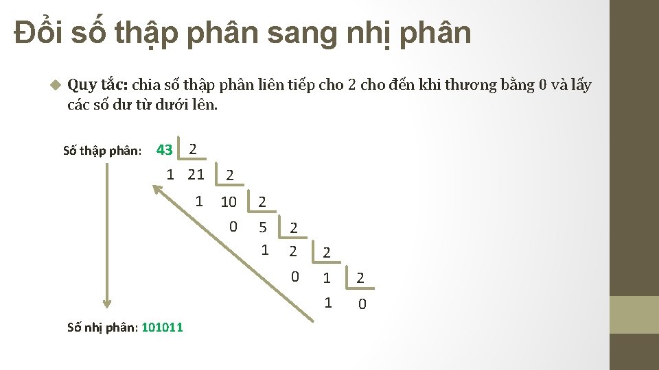 Đổi số thập phân sang nhị phân Quy tắc: chia số thập phân liên Đổi số thập phân sang nhị phân Quy tắc: chia số thập phân liên