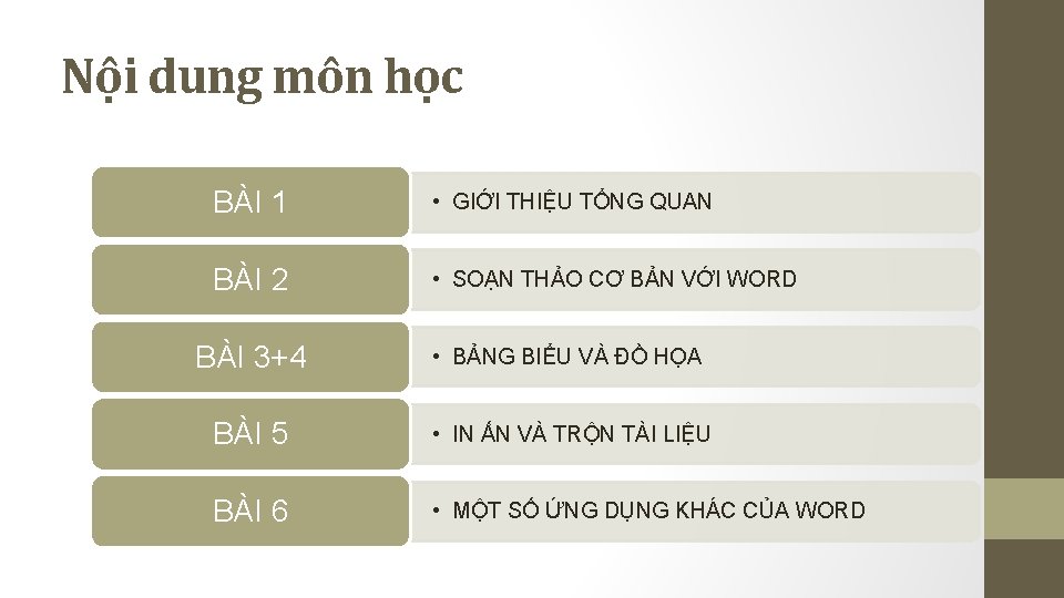 Nội dung môn học BÀI 1 • GIỚI THIỆU TỔNG QUAN BÀI 2 • Nội dung môn học BÀI 1 • GIỚI THIỆU TỔNG QUAN BÀI 2 •