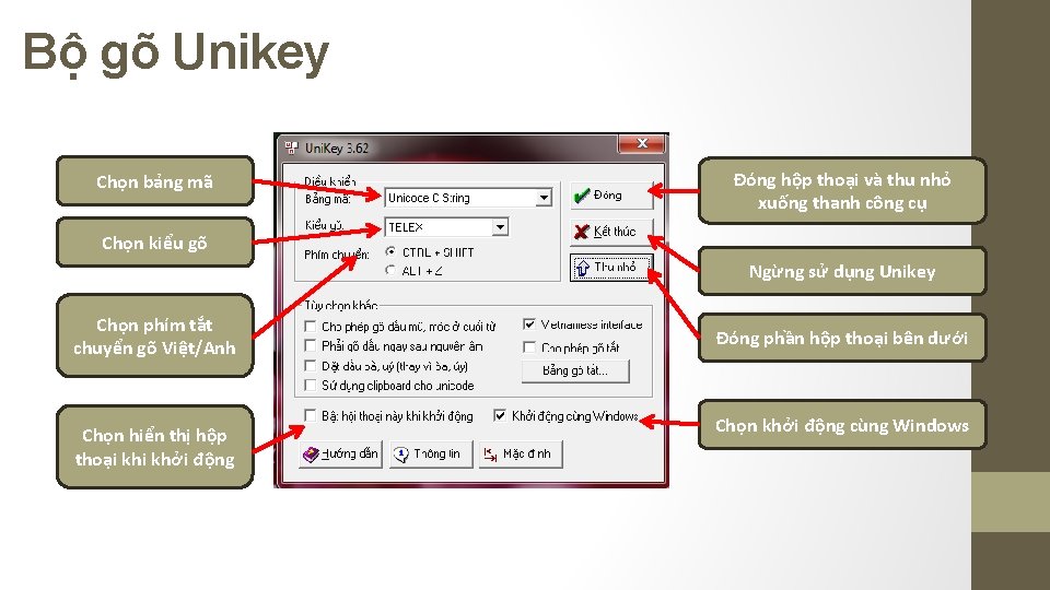 Bộ gõ Unikey Chọn bảng mã Đóng hộp thoại và thu nhỏ xuống thanh Bộ gõ Unikey Chọn bảng mã Đóng hộp thoại và thu nhỏ xuống thanh