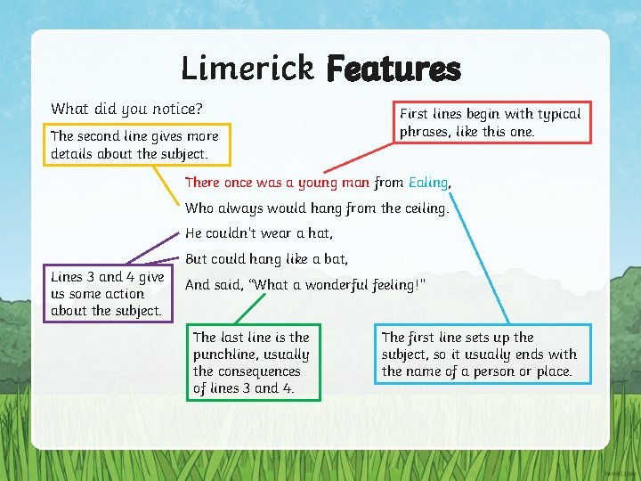 Limerick Features What did you notice? The second line gives more details about the