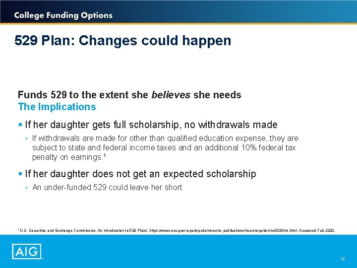 529 Plan: Changes could happen Funds 529 to the extent she believes she needs