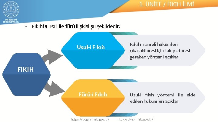 1. ÜNİTE / FIKIH İLMİ • Fıkıhta usul ile fürû ilişkisi şu şekildedir: Usul-i