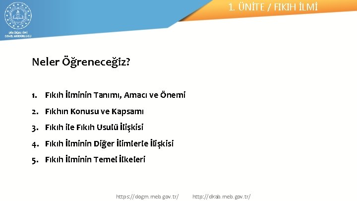 1. ÜNİTE / FIKIH İLMİ Neler Öğreneceğiz? 1. Fıkıh İlminin Tanımı, Amacı ve Önemi