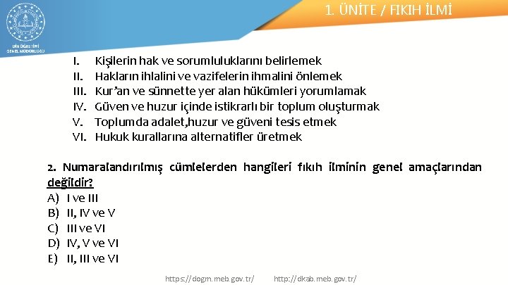 1. ÜNİTE / FIKIH İLMİ I. III. IV. V. VI. Kişilerin hak ve sorumluluklarını