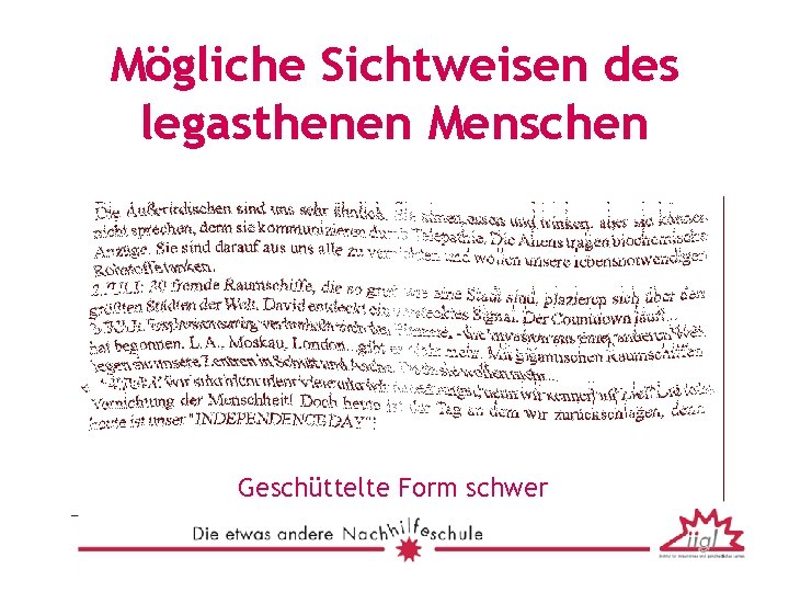 Mögliche Sichtweisen des legasthenen Menschen Geschüttelte Form schwer 