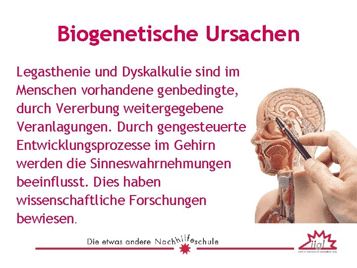 Biogenetische Ursachen Legasthenie und Dyskalkulie sind im Menschen vorhandene genbedingte, durch Vererbung weitergegebene Veranlagungen.