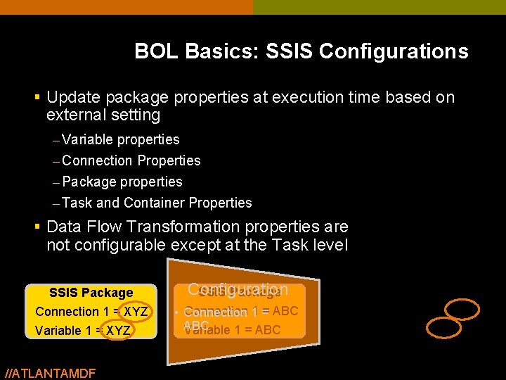 BOL Basics: SSIS Configurations § Update package properties at execution time based on external BOL Basics: SSIS Configurations § Update package properties at execution time based on external