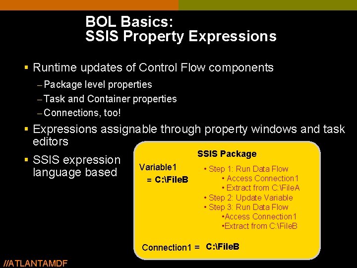 BOL Basics: SSIS Property Expressions § Runtime updates of Control Flow components – Package BOL Basics: SSIS Property Expressions § Runtime updates of Control Flow components – Package