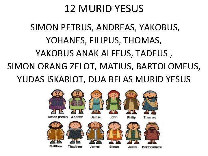 12 MURID YESUS SIMON PETRUS, ANDREAS, YAKOBUS, YOHANES, FILIPUS, THOMAS, YAKOBUS ANAK ALFEUS, TADEUS