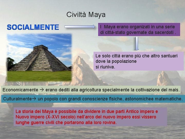 Civiltà Maya I Maya erano organizati in una serie di città-stato governate da sacerdoti.