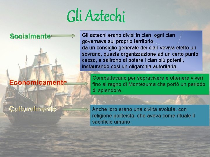 Socialmente Economicamente Culturalmente Gli aztechi erano divisi in clan, ogni clan governava sul proprio