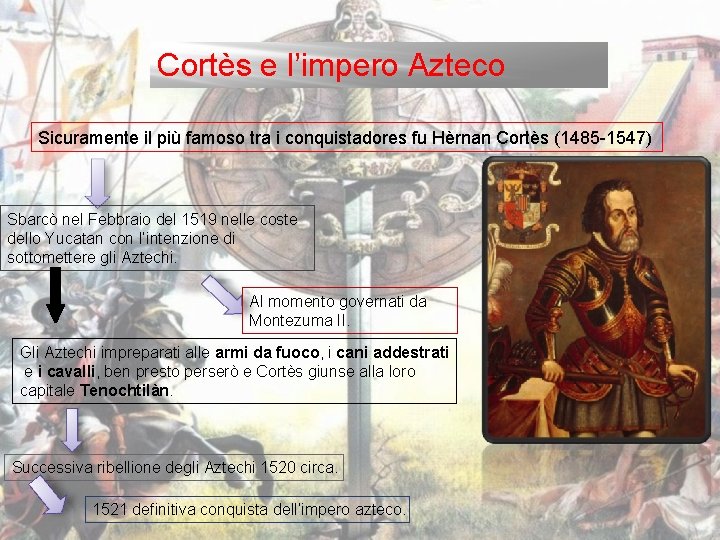 Cortès e l’impero Azteco Sicuramente il più famoso tra i conquistadores fu Hèrnan Cortès