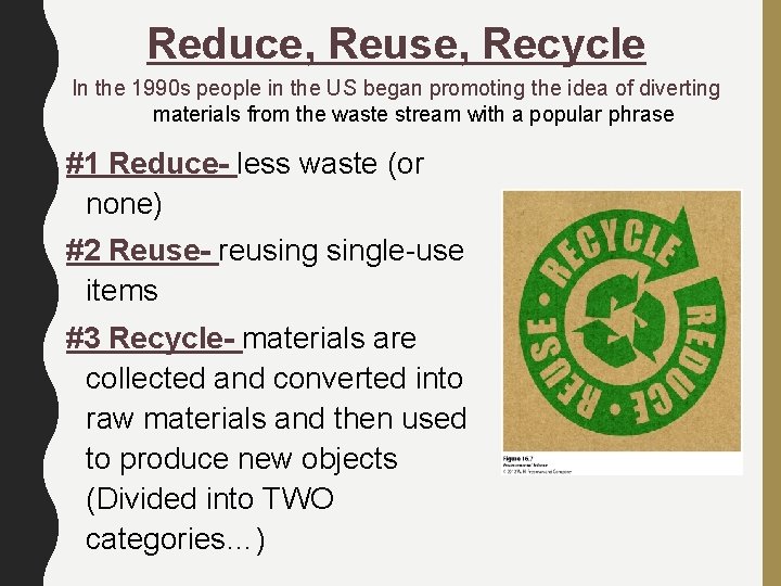 Reduce, Reuse, Recycle In the 1990 s people in the US began promoting the