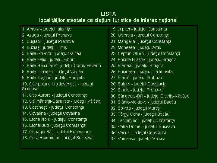LISTA localităţilor atestate ca staţiuni turistice de interes naţional 1. Amara - judeţul Ialomiţa LISTA localităţilor atestate ca staţiuni turistice de interes naţional 1. Amara - judeţul Ialomiţa