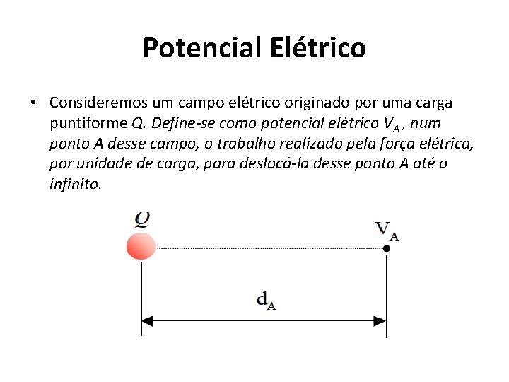 Potencial Elétrico • Consideremos um campo elétrico originado por uma carga puntiforme Q. Define-se