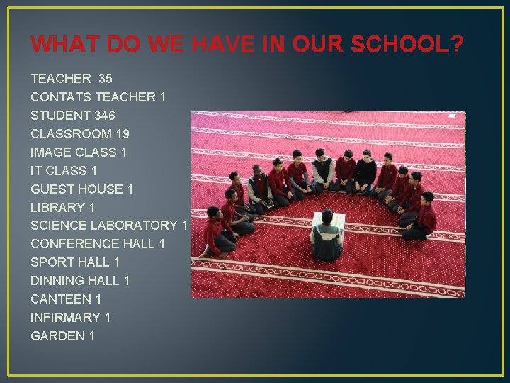 WHAT DO WE HAVE IN OUR SCHOOL? TEACHER 35 CONTATS TEACHER 1 STUDENT 346