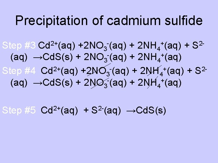 Precipitation of cadmium sulfide Step #3 Cd 2+(aq) +2 NO 3 -(aq) + 2