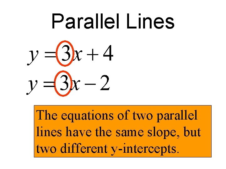 Parallel Lines The equations of two parallel lines have the same slope, but two