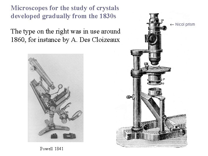 Microscopes for the study of crystals developed gradually from the 1830 s Nicol prism
