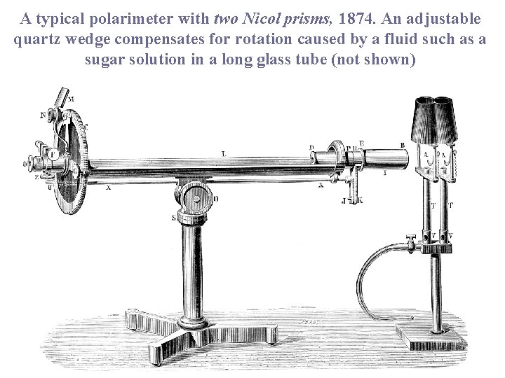 A typical polarimeter with two Nicol prisms, 1874. An adjustable quartz wedge compensates for