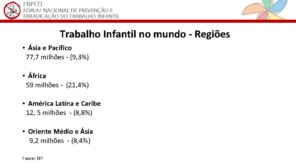 FNPETI FÓRUM NACIONAL DE PREVENÇÃO E ERRADICAÇÃO DO TRABALHO INFANTIL Trabalho Infantil no mundo