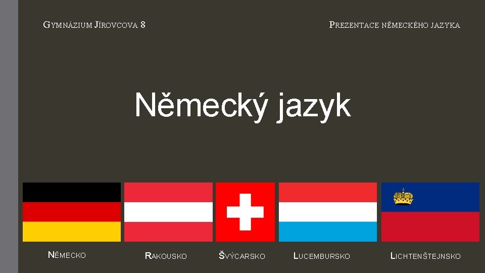 GYMNÁZIUM JÍROVCOVA 8 PREZENTACE NĚMECKÉHO JAZYKA Německý jazyk NĚMECKO RAKOUSKO ŠVÝCARSKO LUCEMBURSKO LICHTENŠTEJNSKO 