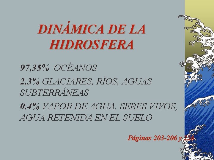 DINÁMICA DE LA HIDROSFERA 97, 35% OCÉANOS 2, 3% GLACIARES, RÍOS, AGUAS SUBTERRÁNEAS 0,