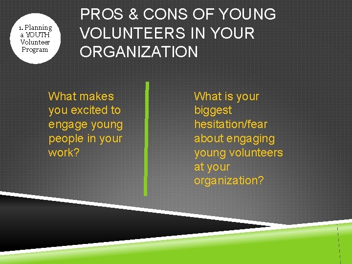1. Planning a YOUTH Volunteer Program PROS & CONS OF YOUNG VOLUNTEERS IN YOUR