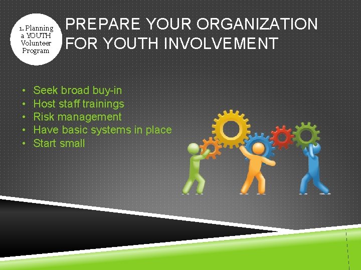1. Planning a YOUTH Volunteer Program • • • PREPARE YOUR ORGANIZATION FOR YOUTH