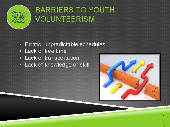 2. Recruiting and Placing YOUTH Volunteers • • BARRIERS TO YOUTH VOLUNTEERISM Erratic, unpredictable